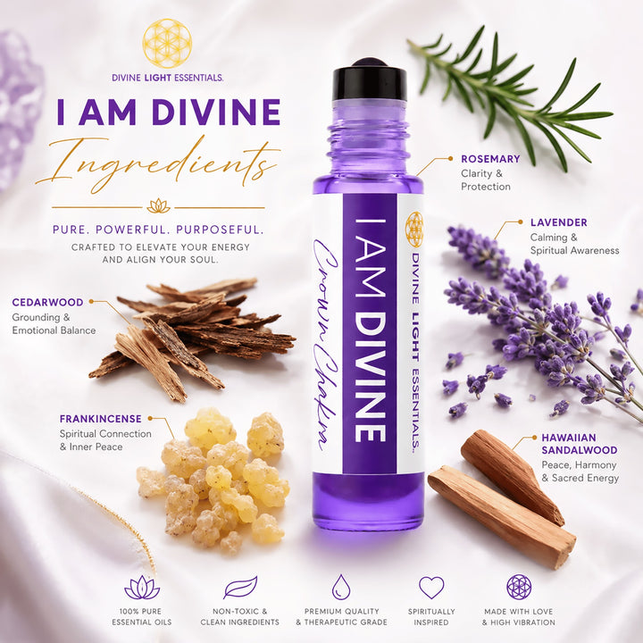 A purple essential oil roller bottle labeled &