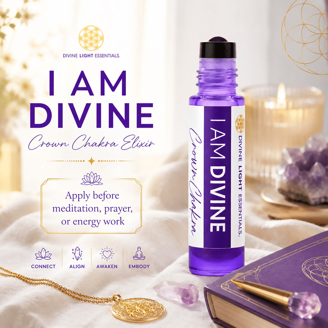 A purple glass roller bottle labeled &