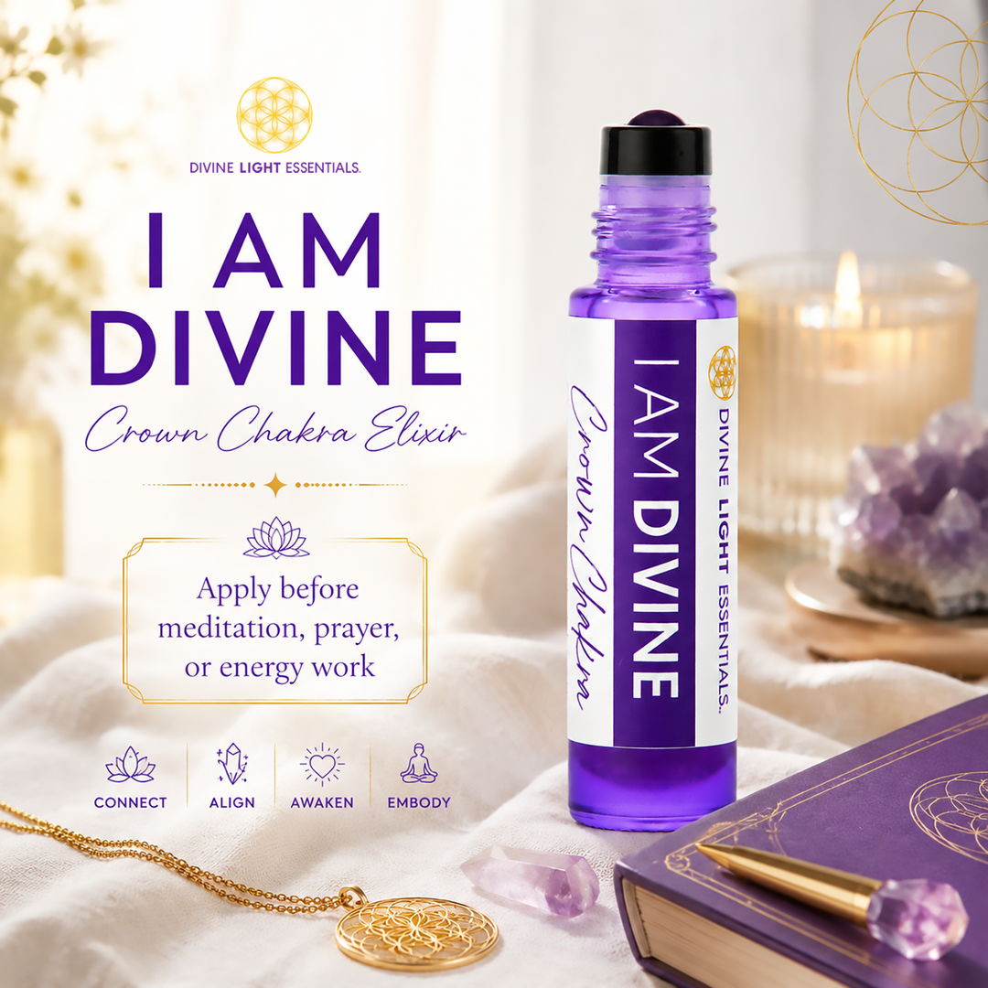 A purple glass roller bottle labeled &