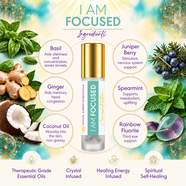 I Am Focused ingredients card showing featured botanicals, coconut oil and rainbow fluorite around the roller bottle.