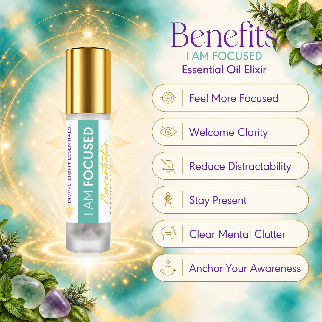I Am Focused benefits card with six illustrated callouts and a gold-capped roller bottle.