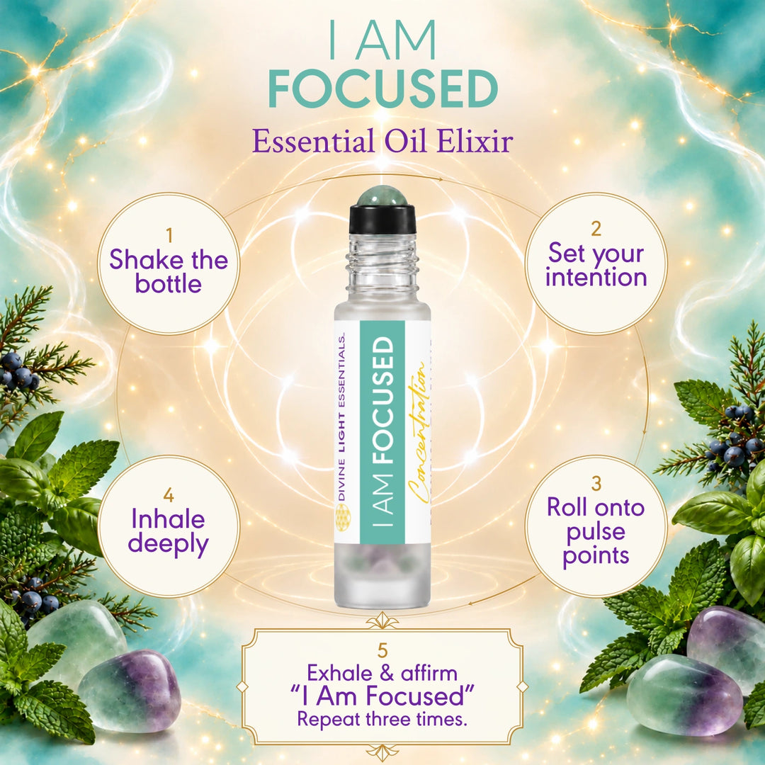 I Am Focused ritual card with a roller bottle and five illustrated steps for setting an intention and applying the elixir.