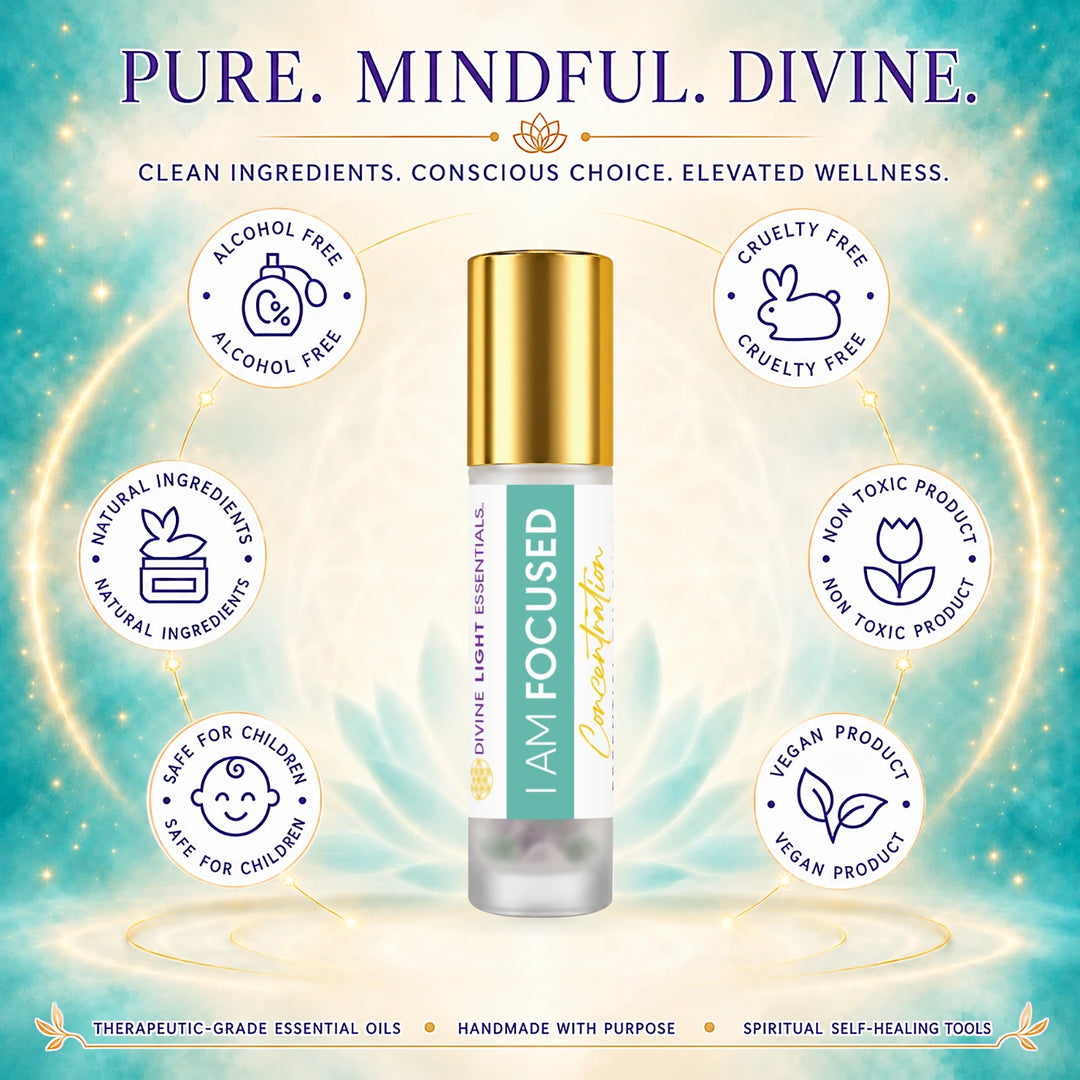 I Am Focused product features card with a roller bottle and six circular feature icons.