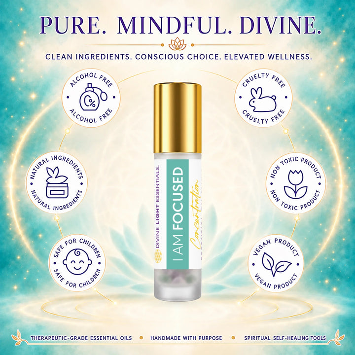 I Am Focused product features card with a roller bottle and six circular feature icons.