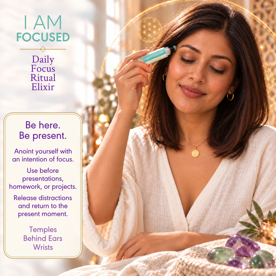 I Am Focused daily ritual card showing a woman rolling the elixir onto her temple.