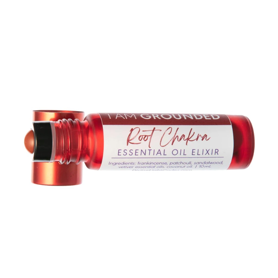 Root Chakra essential oil elixir roller bottle for grounding and energy balance