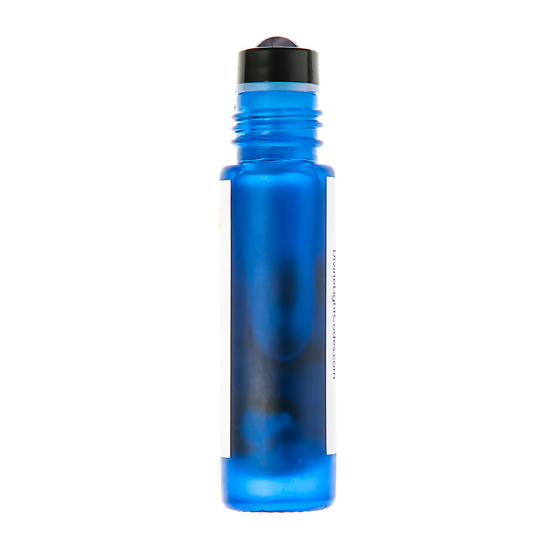 A translucent blue roll-on bottle with a black cap, shown upright on a plain white background.