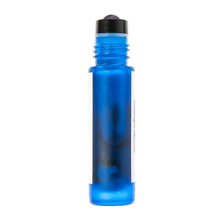 A translucent blue roll-on bottle with a black cap, shown upright on a plain white background.