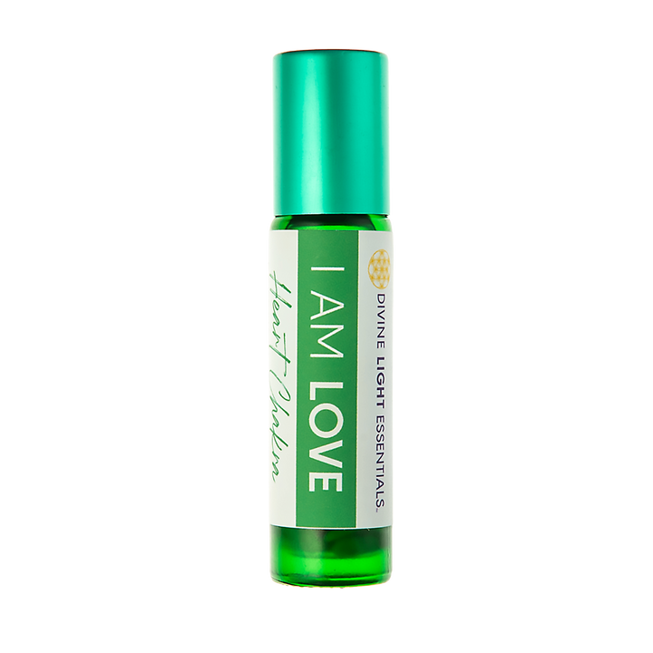 A green glass roll-on bottle with a metallic green cap and a white label reading &