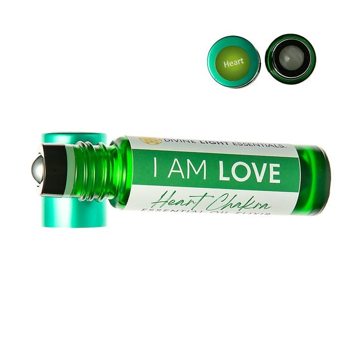 A green glass roller bottle labeled &