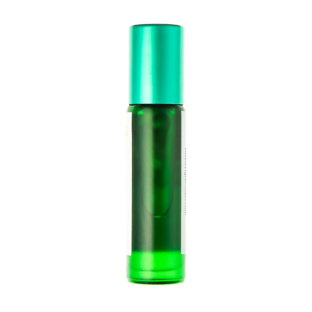 A green glass roll-on bottle with a metallic teal-green cap, shown against a plain white background.