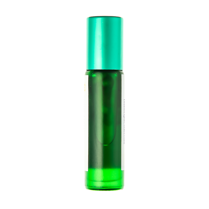 A green glass roll-on bottle with a metallic teal-green cap, shown against a plain white background.