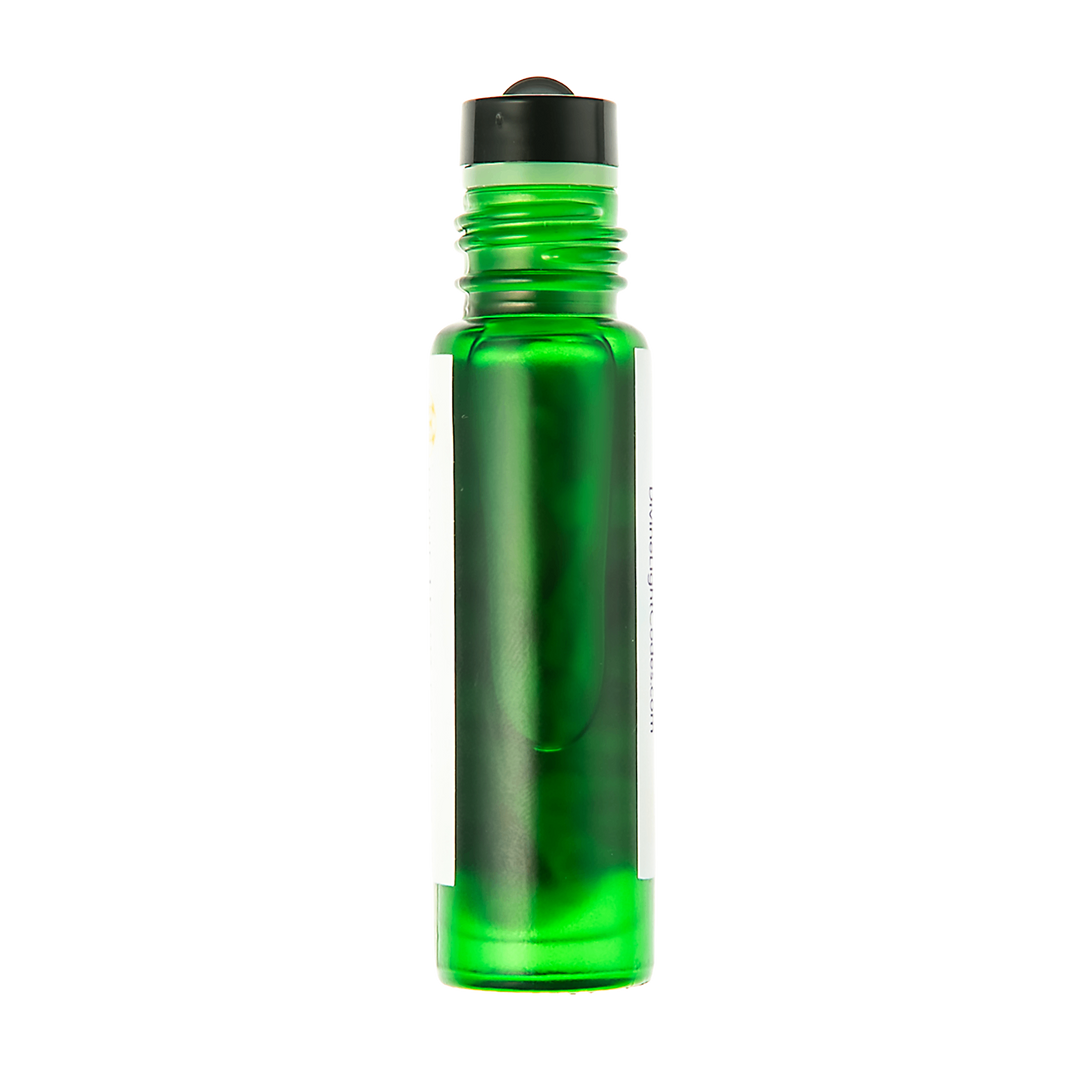 A translucent green glass roller bottle with a black cap, shown on a plain white background.