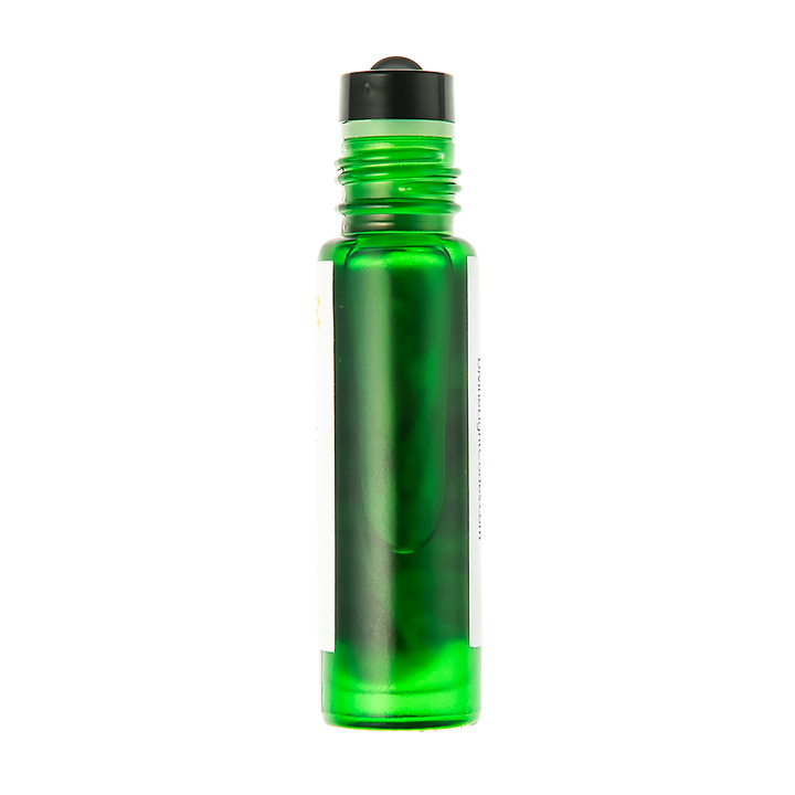 A translucent green glass roller bottle with a black cap, shown on a plain white background.