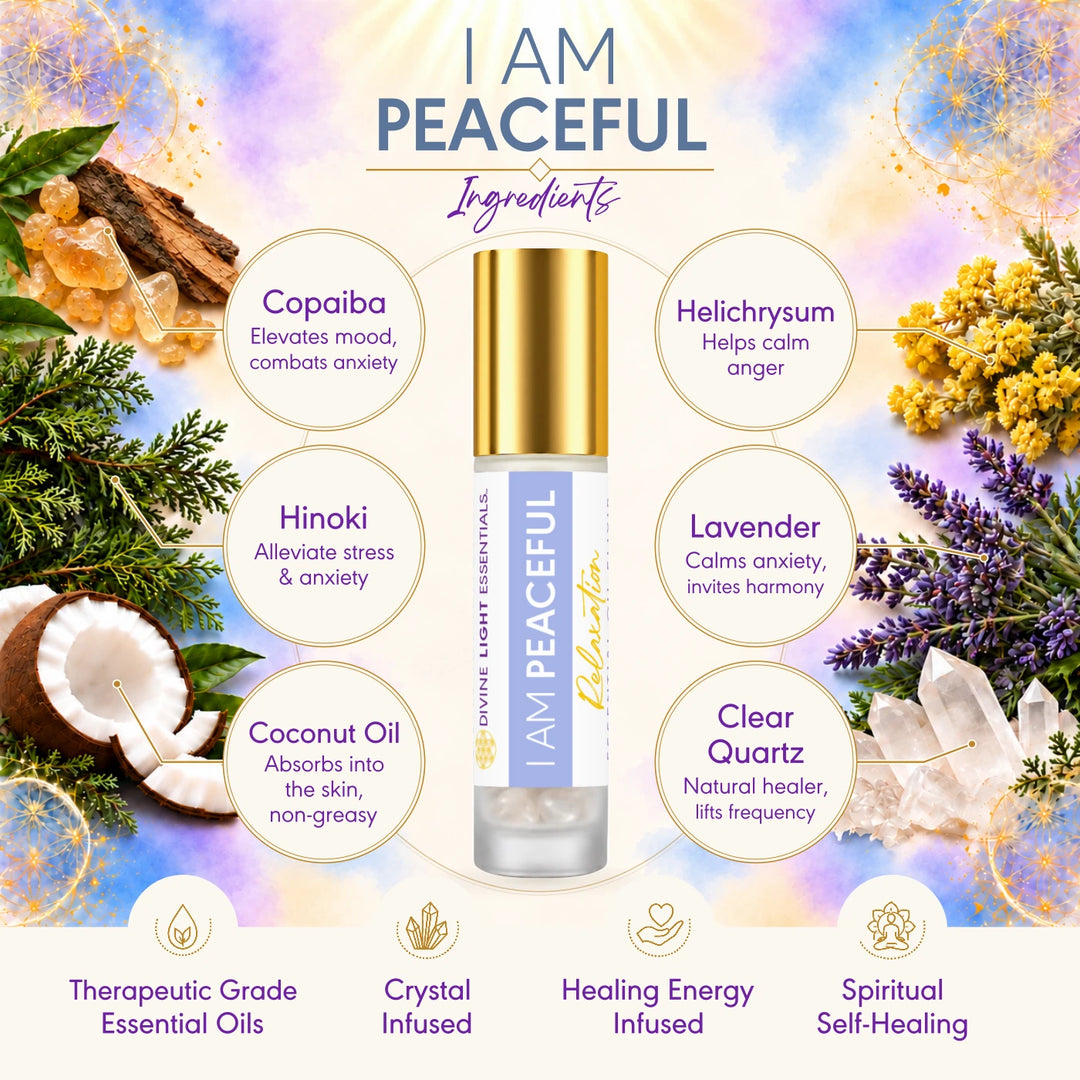 I Am Peaceful ingredients card showing featured botanicals, coconut oil and clear quartz around the roller bottle.