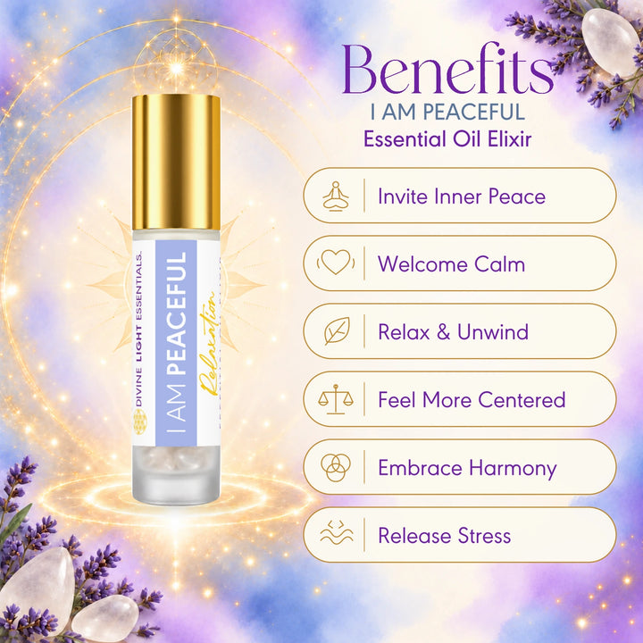 I Am Peaceful benefits card with six illustrated callouts and a gold-capped roller bottle.