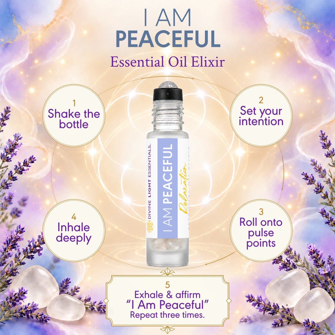 I Am Peaceful ritual card with a roller bottle and five illustrated steps for setting an intention and applying the elixir.