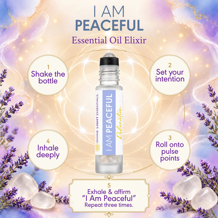I Am Peaceful ritual card with a roller bottle and five illustrated steps for setting an intention and applying the elixir.