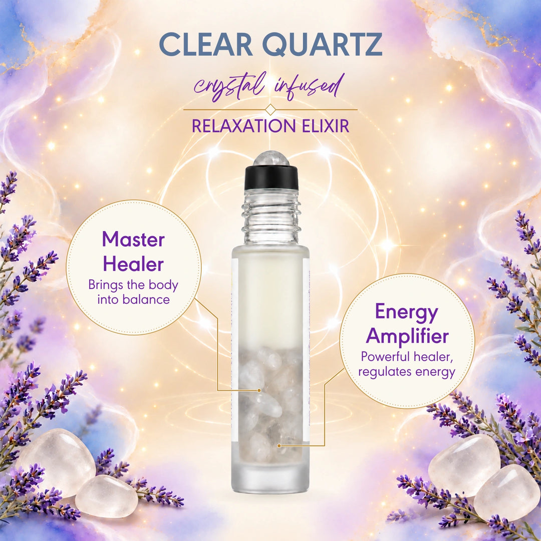 I Am Peaceful crystal card showing clear quartz inside the roller bottle and its crystal rollerball applicator.