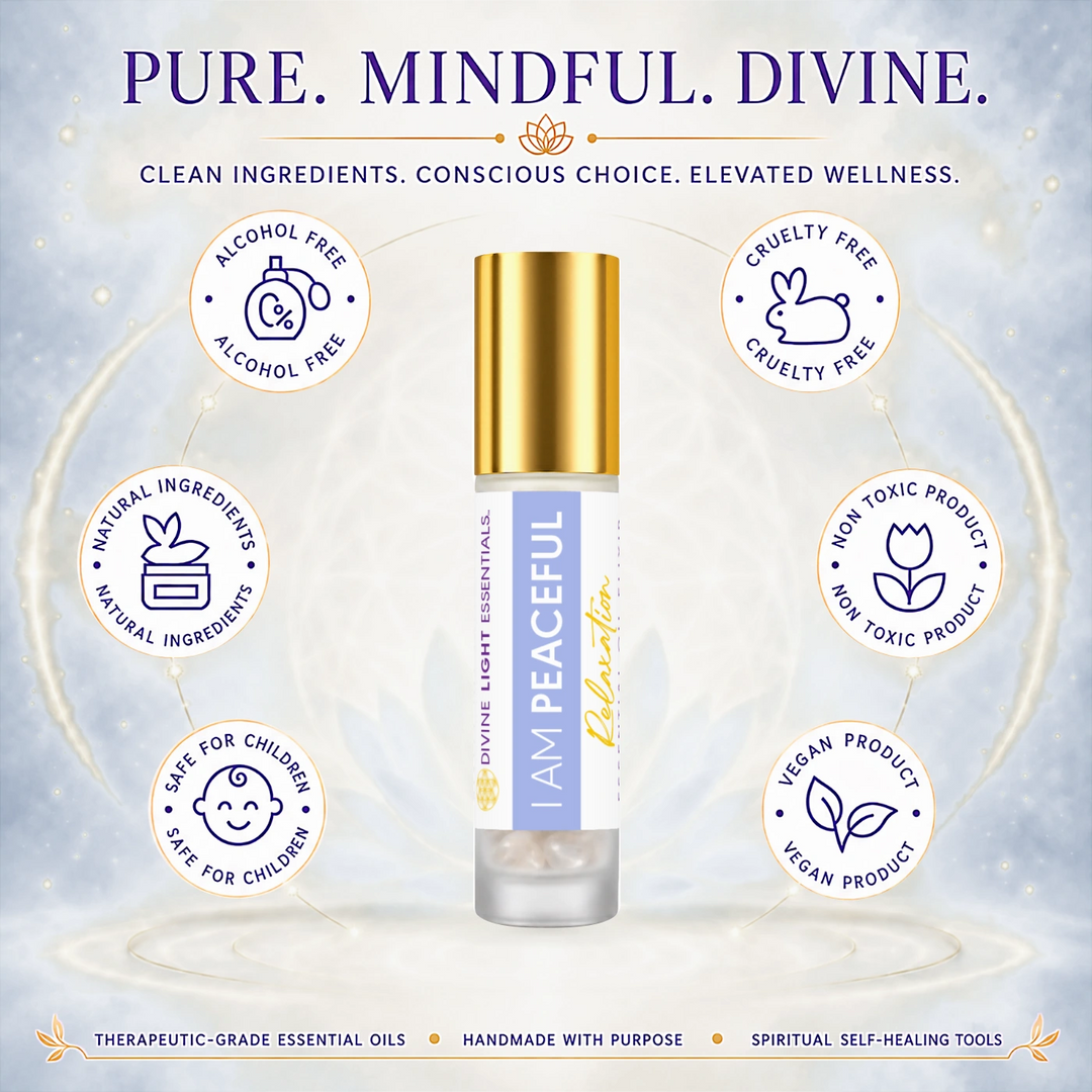 I Am Peaceful product features card with a roller bottle and six circular feature icons.