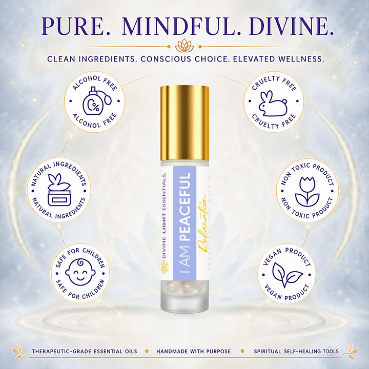 I Am Peaceful product features card with a roller bottle and six circular feature icons.