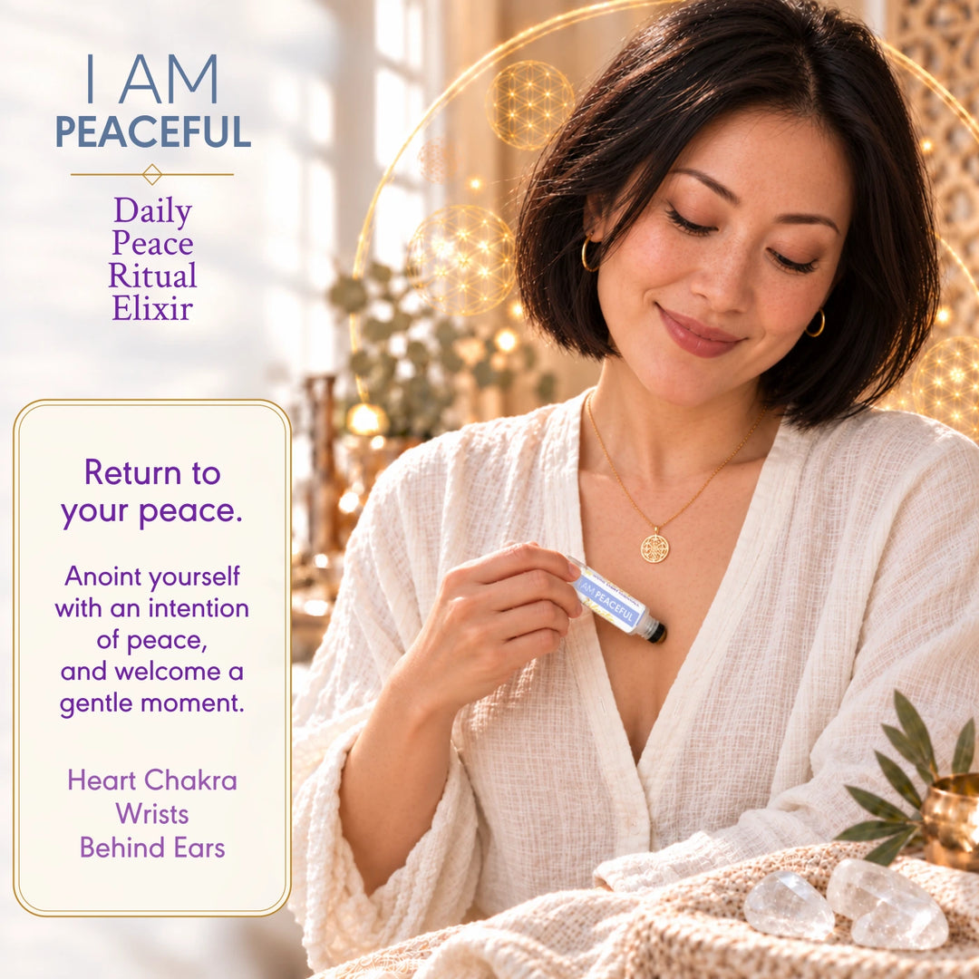 I Am Peaceful daily ritual card showing a woman with a dark bob rolling the elixir onto her chest.