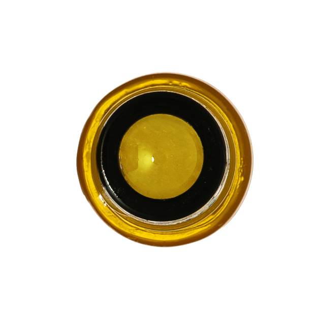 A circular yellow lens or optical component with a black ring and a gold-toned outer rim, shown against a plain white background.