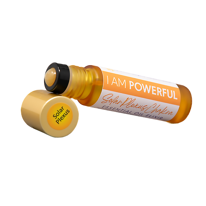 A small amber glass rollerball bottle labeled &