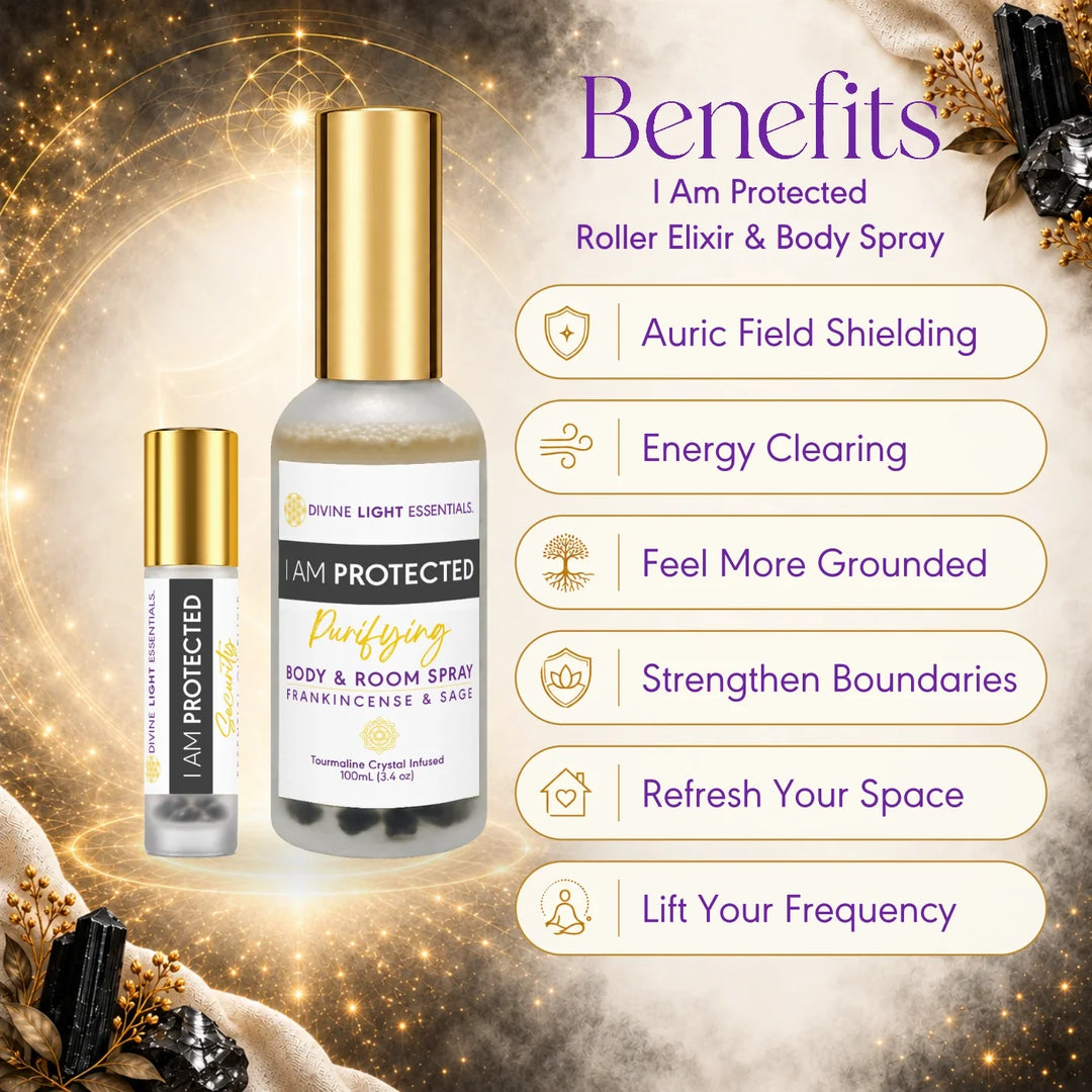 I Am Protected Duo benefits card showing the roller elixir and body and room spray beside six benefit callouts.