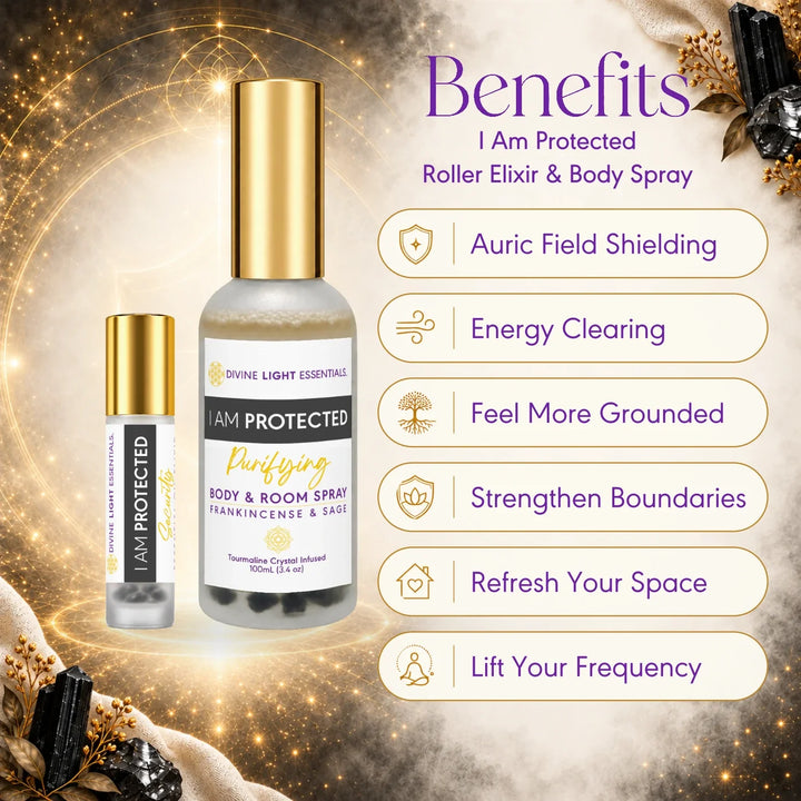I Am Protected Duo benefits card showing the roller elixir and body and room spray beside six benefit callouts.