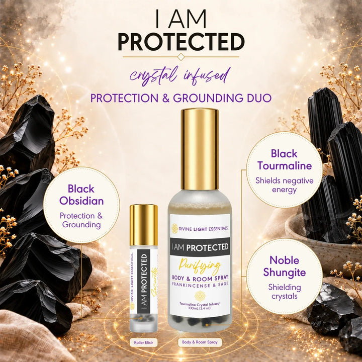 I Am Protected Duo crystal-infused card with black obsidian for the roller and black tourmaline and noble shungite for the spray, shown in circular callouts.