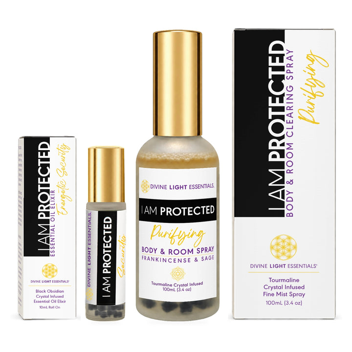I Am Protected Duo Bundle showing the 10 mL roller, 100 mL spray, and their matching retail boxes on a white background.