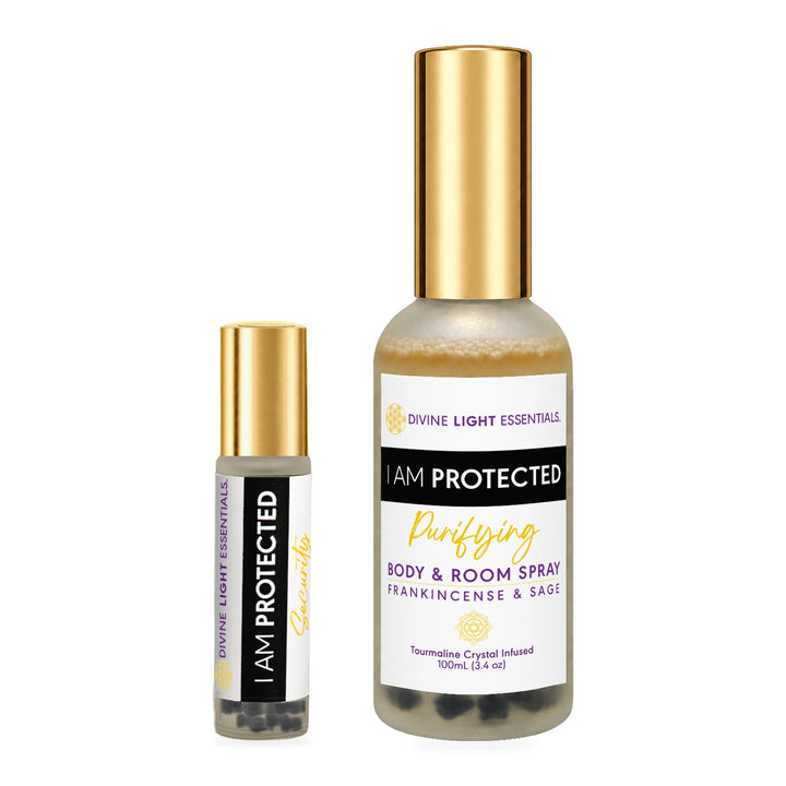 I Am Protected Duo Bundle: 10 mL essential oil roller and 100 mL purifying body and room spray with matching gold caps, shown together on white.