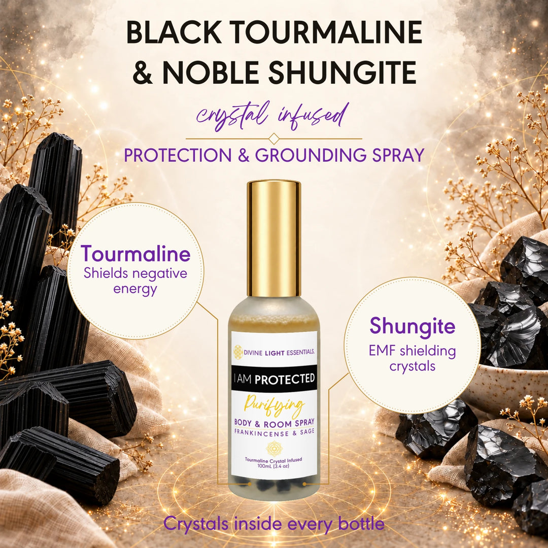 I Am Protected Protection &amp; Grounding Spray card featuring black tourmaline and noble shungite crystals.