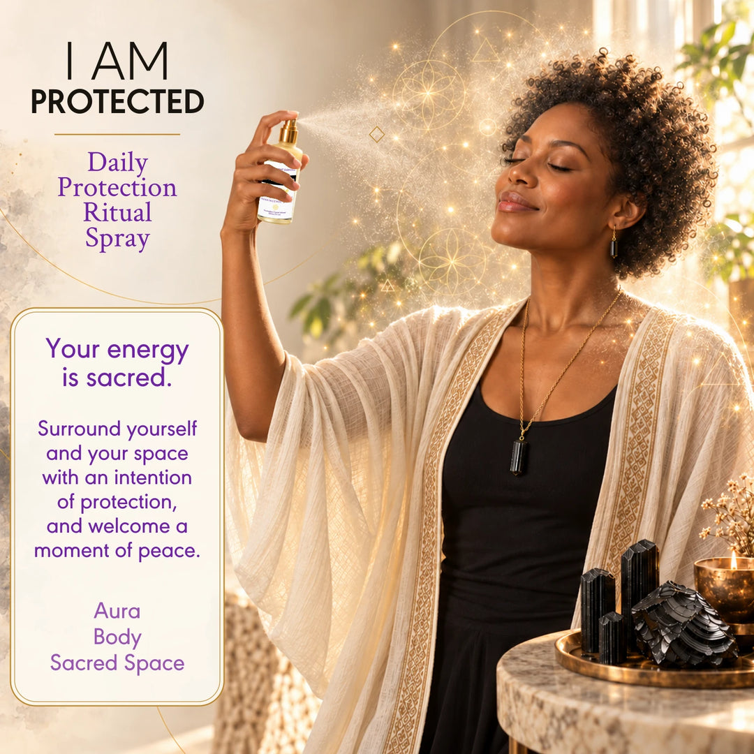 I Am Protected Daily Protection Ritual Spray lifestyle card showing a woman misting her aura and sacred space.