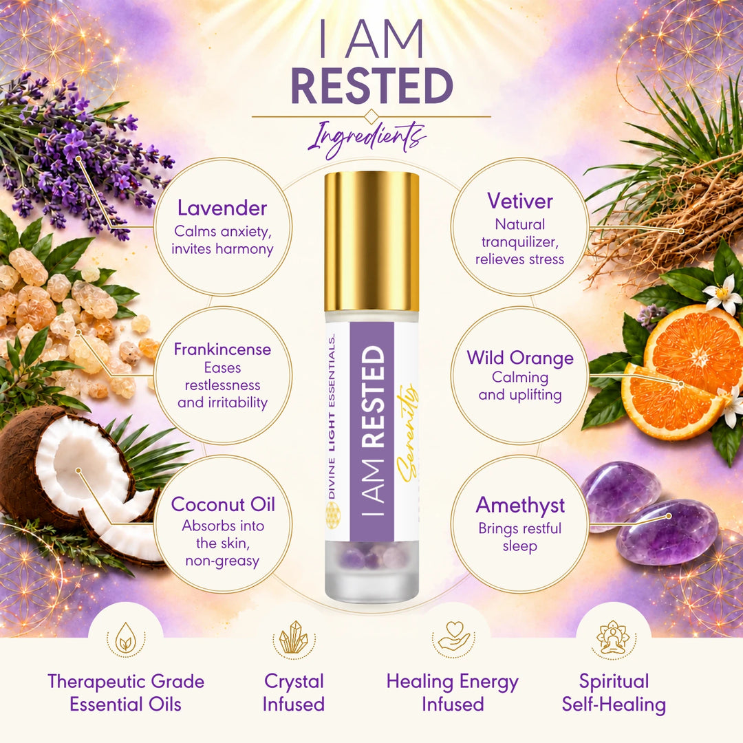 I Am Rested ingredients card showing featured botanicals, coconut oil and amethyst around the roller bottle.