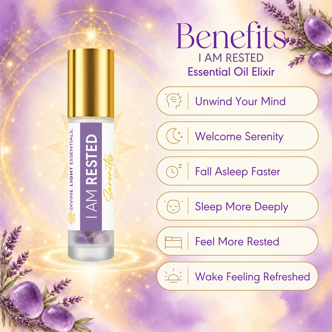 I Am Rested benefits card with six illustrated callouts and a gold-capped roller bottle.