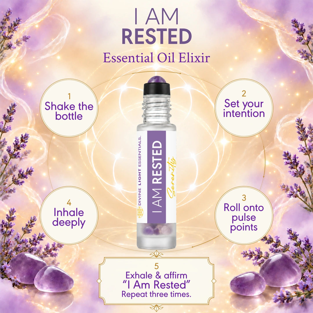 I Am Rested ritual card with a roller bottle and five illustrated steps for setting an intention and applying the elixir.