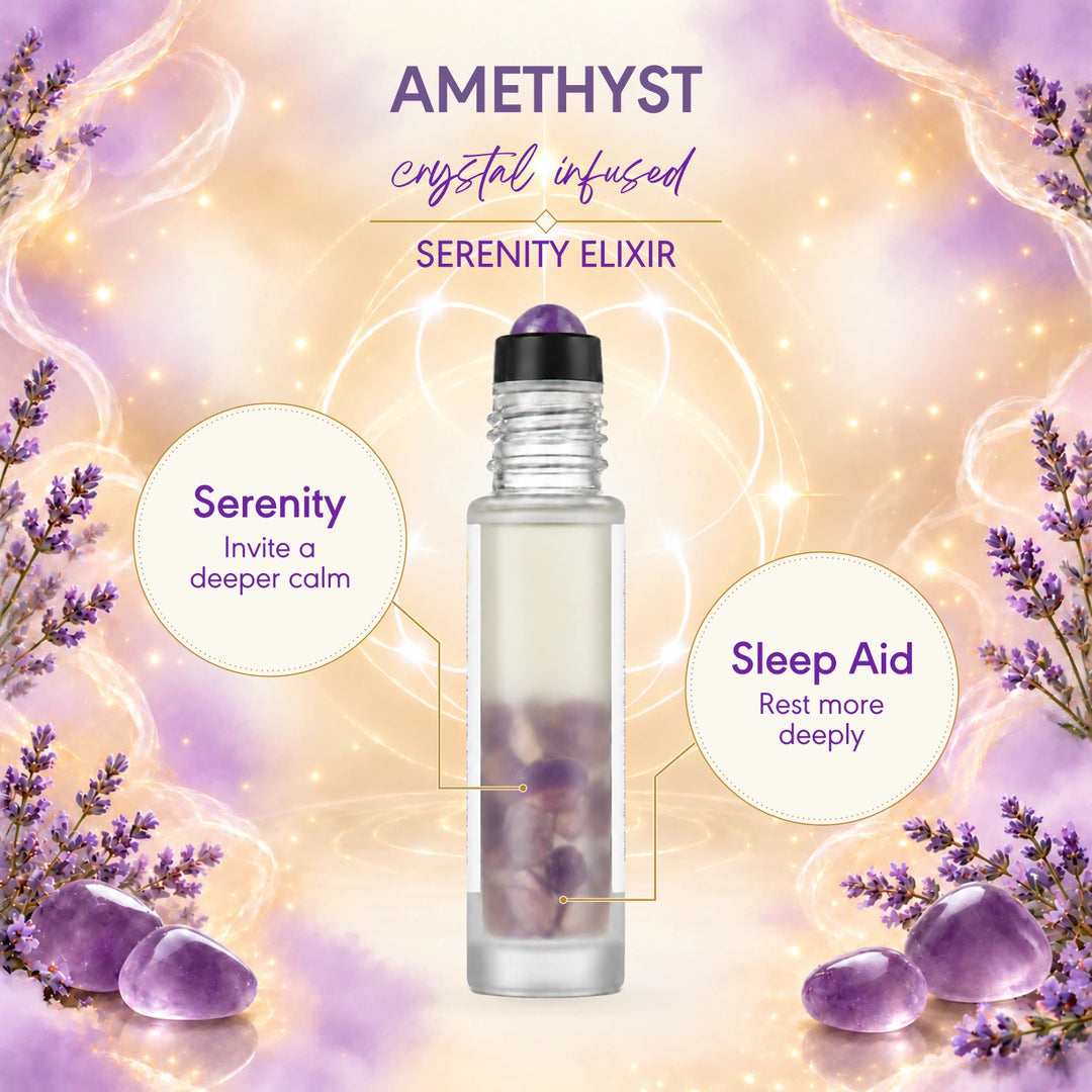 I Am Rested crystal card showing amethyst inside the roller bottle and its crystal rollerball applicator.