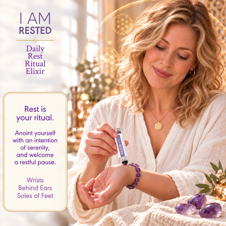 I Am Rested daily ritual card showing a blonde woman rolling the elixir onto her wrist.