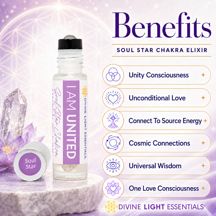 Soul Star Chakra Elixir roll-on bottle by Divine Light Essentials, shown with its cap beside a crystal cluster on a purple background with text listing spiritual benefits such as unity consciousness, unconditional love, and cosmic connections.