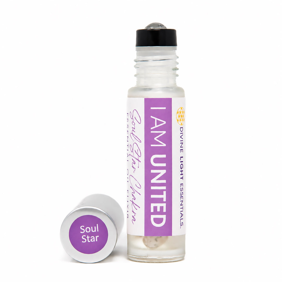 A clear glass roll-on bottle with a white and purple label reading &