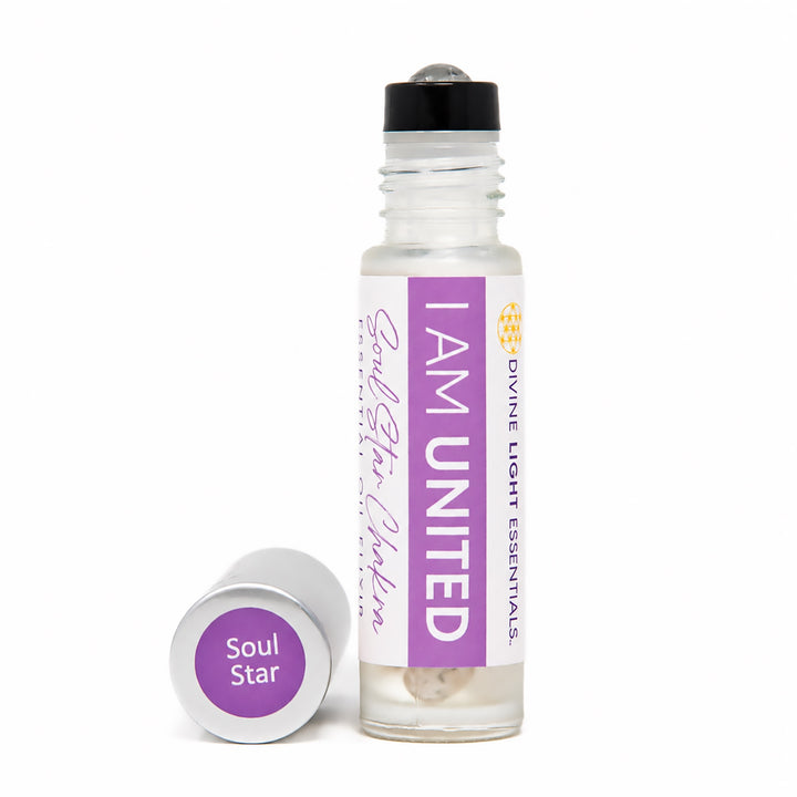 A clear glass roll-on bottle with a white and purple label reading &