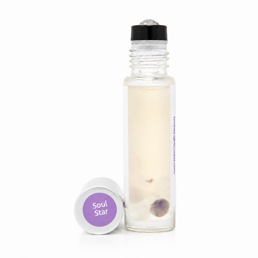 A clear glass roll-on bottle with a black cap and a white label reading &