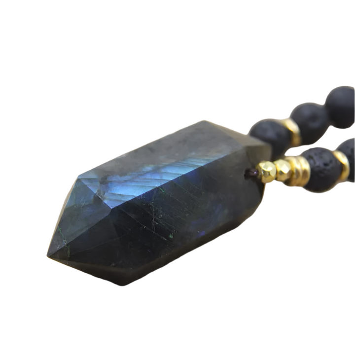 Natural Labradorite Double Pointed Pendant - 8mm Lava Beads - Handmade Necklace