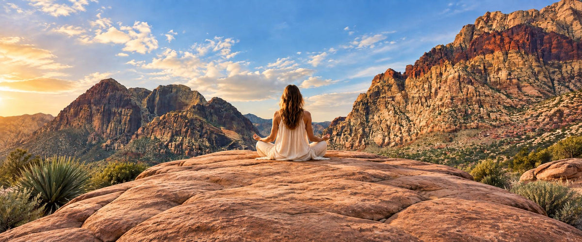 Woman meditating on desert stone with the rugged red cliffs of Red Rock Canyon near Las Vegas behind her.