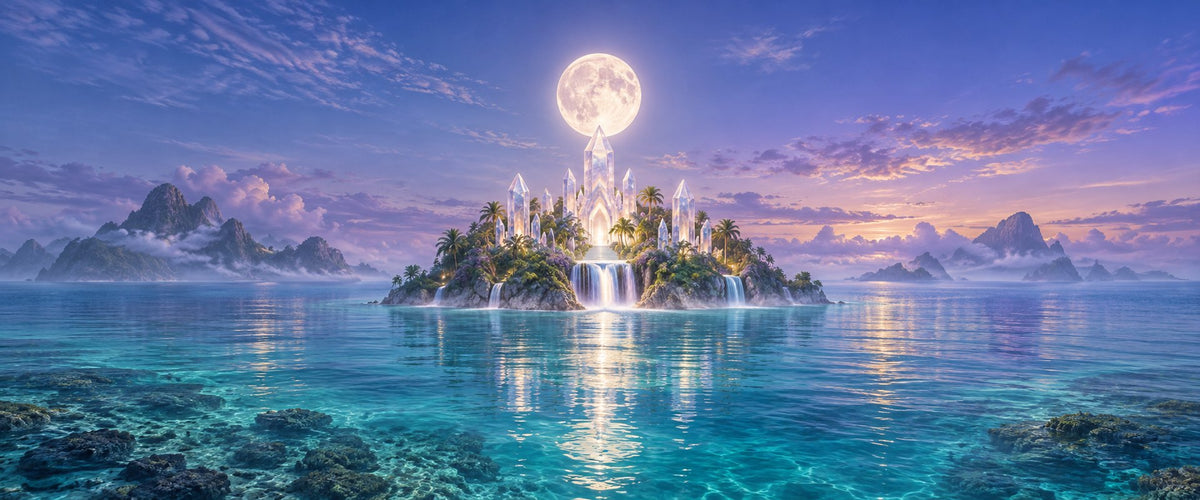 Moonlit crystal sanctuary on a lush island surrounded by turquoise water.