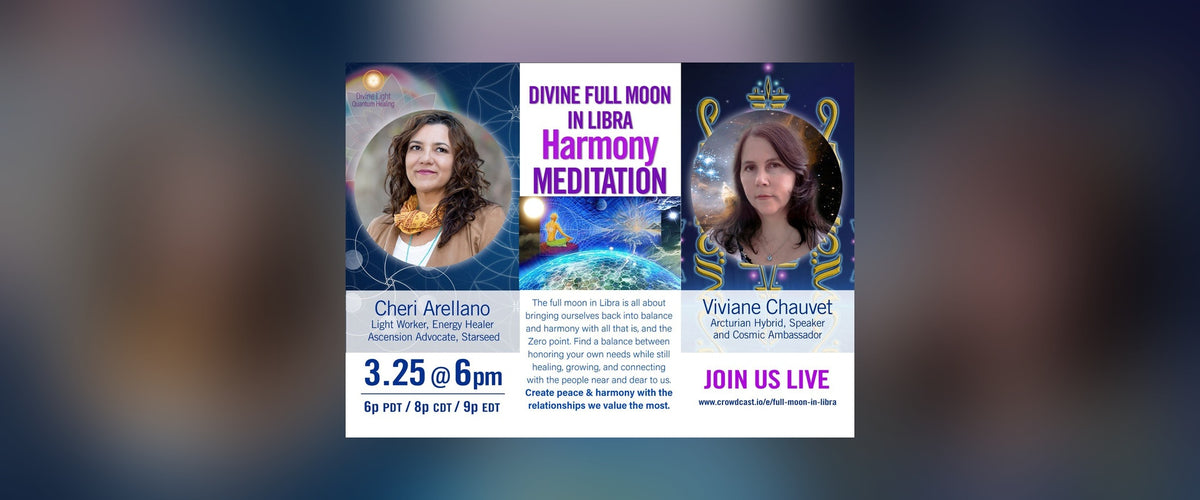 Libra Harmony Meditation poster featuring Cheri Arellano and Viviane Chauvet against a softly blurred background.