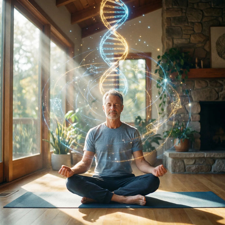 Man meditating with glowing DNA helix above, surrounded by light codes and geometric energy patterns in a sunlit room