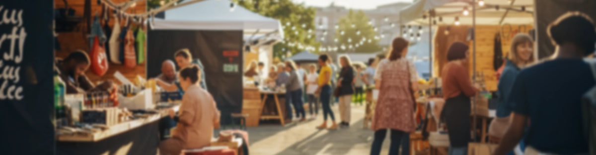Visitors browsing booths at an outdoor pop-up market